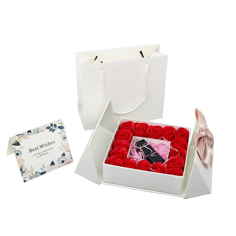 Gift Paper Box Custom Magnetic Bowknot Double Open 16 Roses Soap Flower For Jewelry Perfume Lipstick